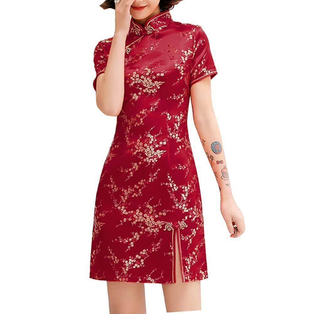 3918 Cheongsam Costume Short Sleeve Print High Slit Side Traditional